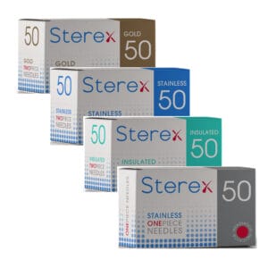 Sterex twopiece electrolysis probes in gold, stainless steel, insulated and onepiece stainless steel